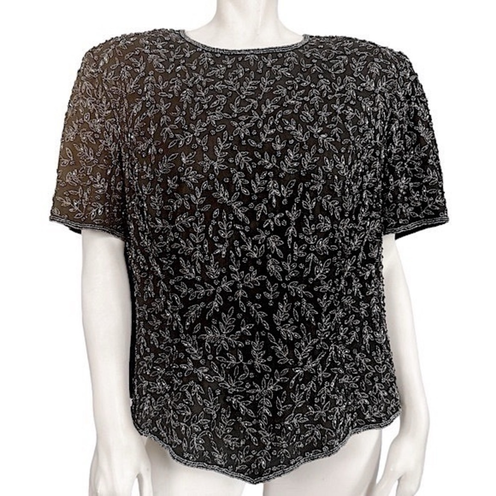 Papell Boutique Elegant Black Beaded Top petite small